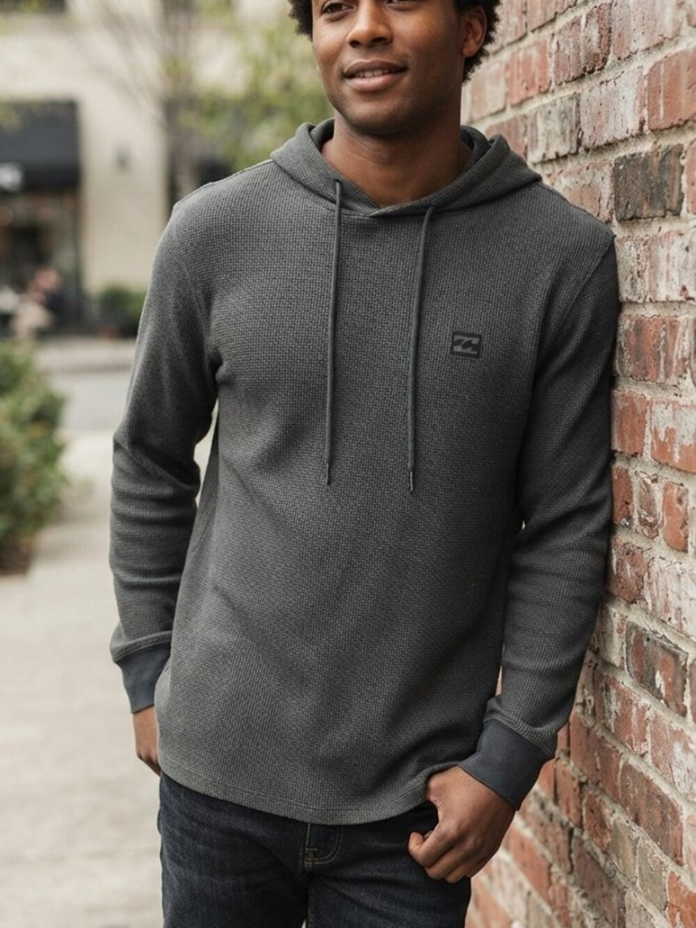 Billabong Mens Waffle Weave Pullover Hoodie | Size L | Dark Gray-Green